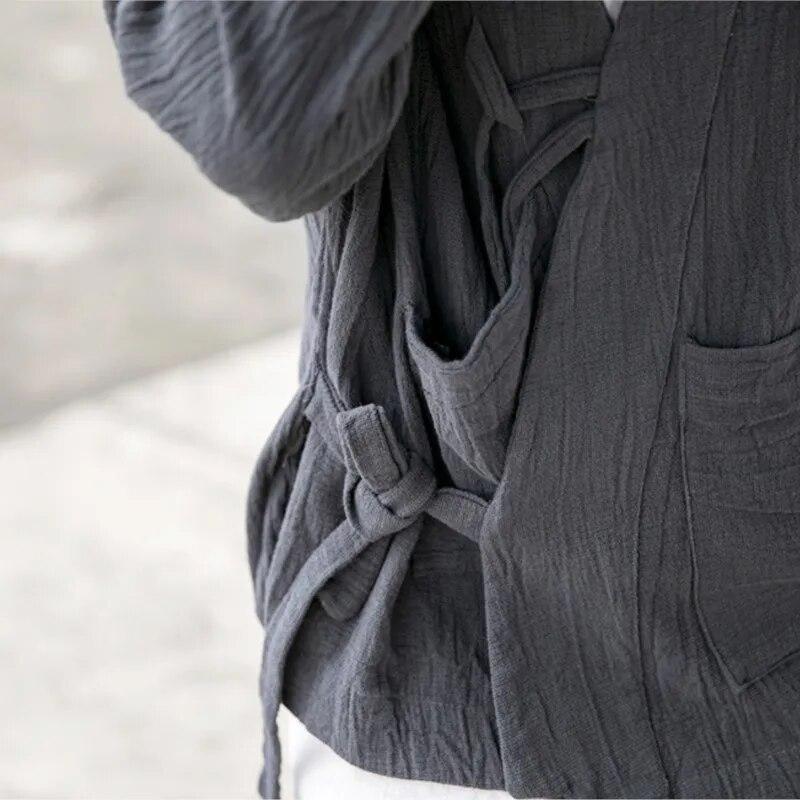 Johnature Women Chinese Style Bandage Jackets Solid Color V-Neck Long Sleeve Coats Cotton Linen Vintage Fall Women Jackets