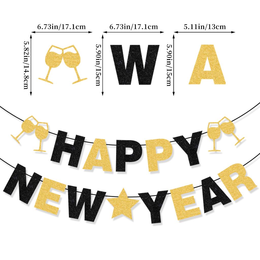 Black Gold Happy New Year Banner New Year'S Eve Party Arrangement Fireworks Cheers Banner Latte Custom