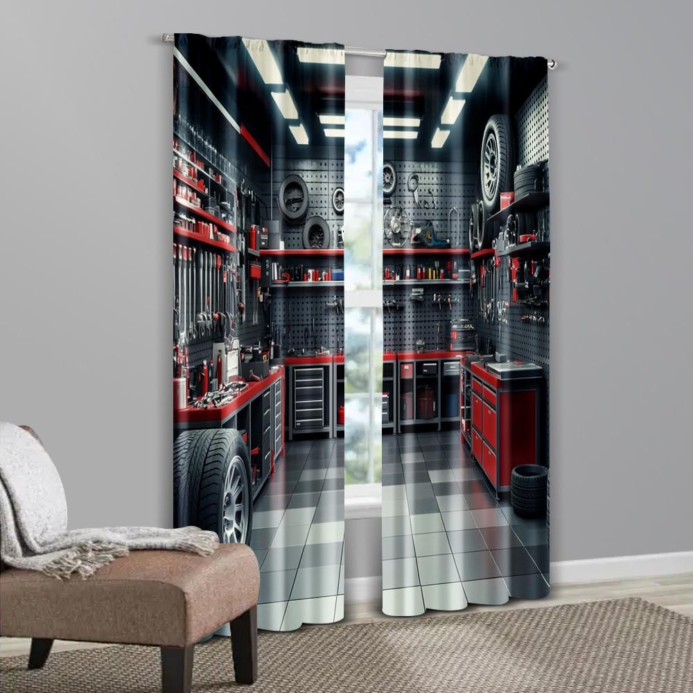 2 шт., Шторы с цифровой печатью, Гаражные инструменты, Мастерская, Универсальные, 100% полиэстер (без стержня) Праздничный Ldeal для гостиной и