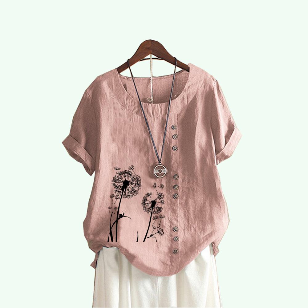 Женская модная футболка с коротким рукавом с цветочным принтом, летняя повседневная хлопково-льняная футболка с круглым воротником, пуловер, свободные блузки