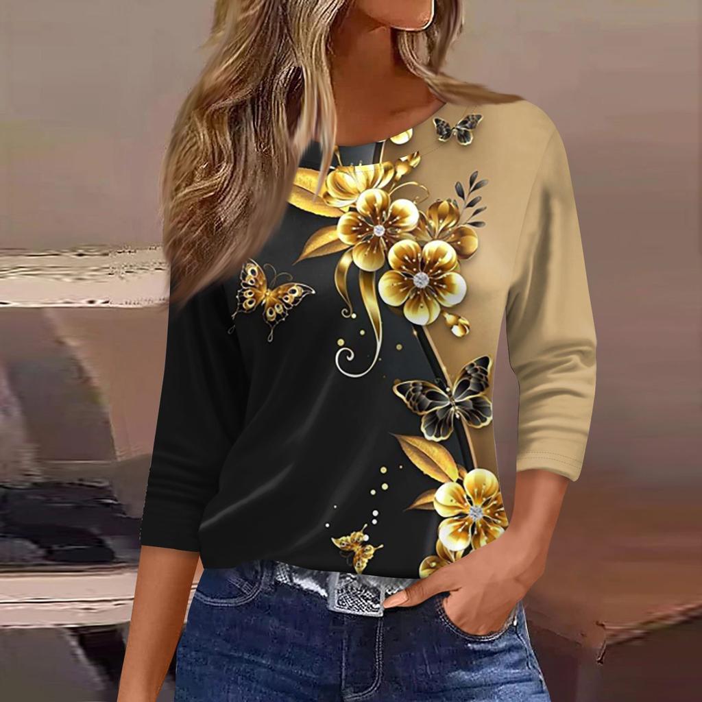 3/4 Length Sleeve Womens Tops Floral Print Vintage Fashion Casual Loose With Round Neck Plus Size Shirts
