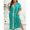 Holiday Beach Cover-Ups Plus Size Women's Cover Up Hand Hooked Clashing Colour Splicing Deep V Split Dress