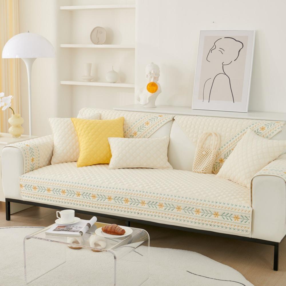 Embroidered Sofa Protector Slip Resistant Cushion Cover Full Coverage Simple Style All Season Use