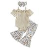 Kid Girl Cow Print Bell Bottoms Outfits Toddler Girl Short Sleeve Romper Rib Knit Button Bodysuit Flare Pants Clothes