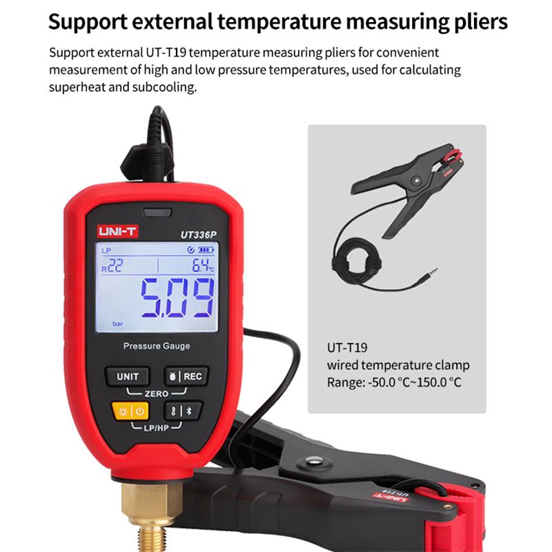UNI-T UT336P KIT Digital Pressure Meter with Temperature Clamp UT-T19 LED Alarm IP54 for Air Conditioning Car AC Maintenance