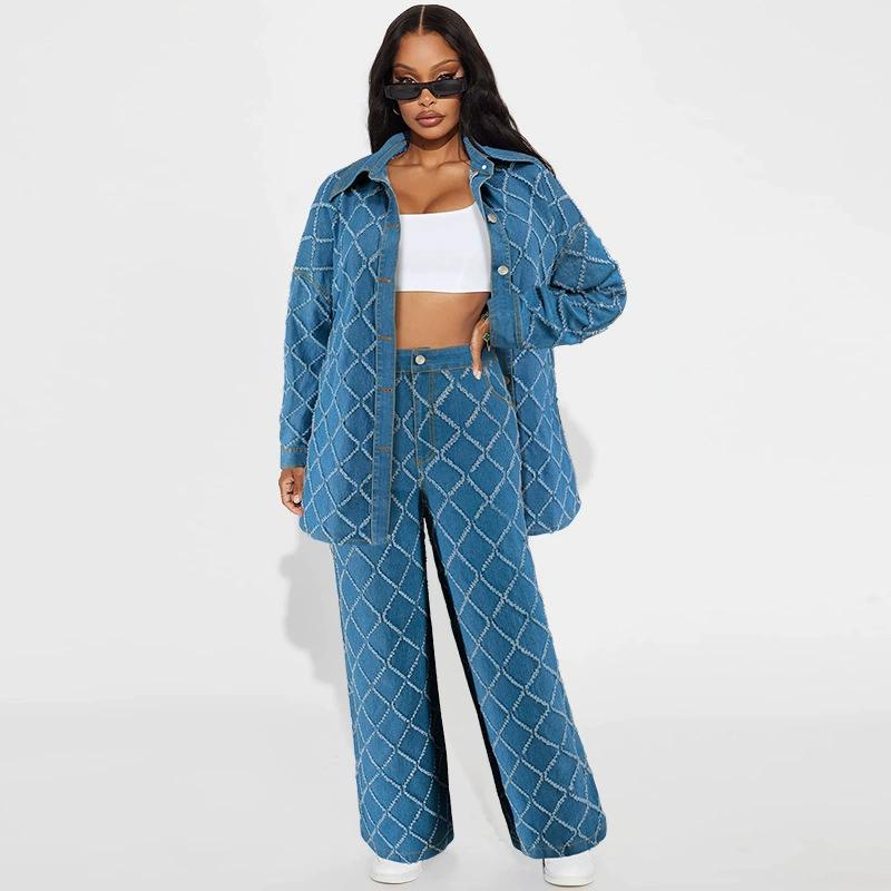 Fashion Women's Denim Tassel Checkered Cardigan Set with Shoulder Down and Long Sleeves