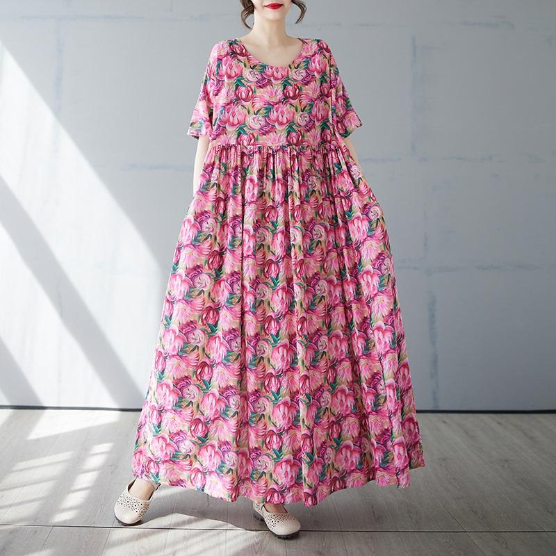 Новое хлопковое платье больших размеров с коротким рукавом и цветочным принтом для женщин, повседневное свободное длинное летнее платье