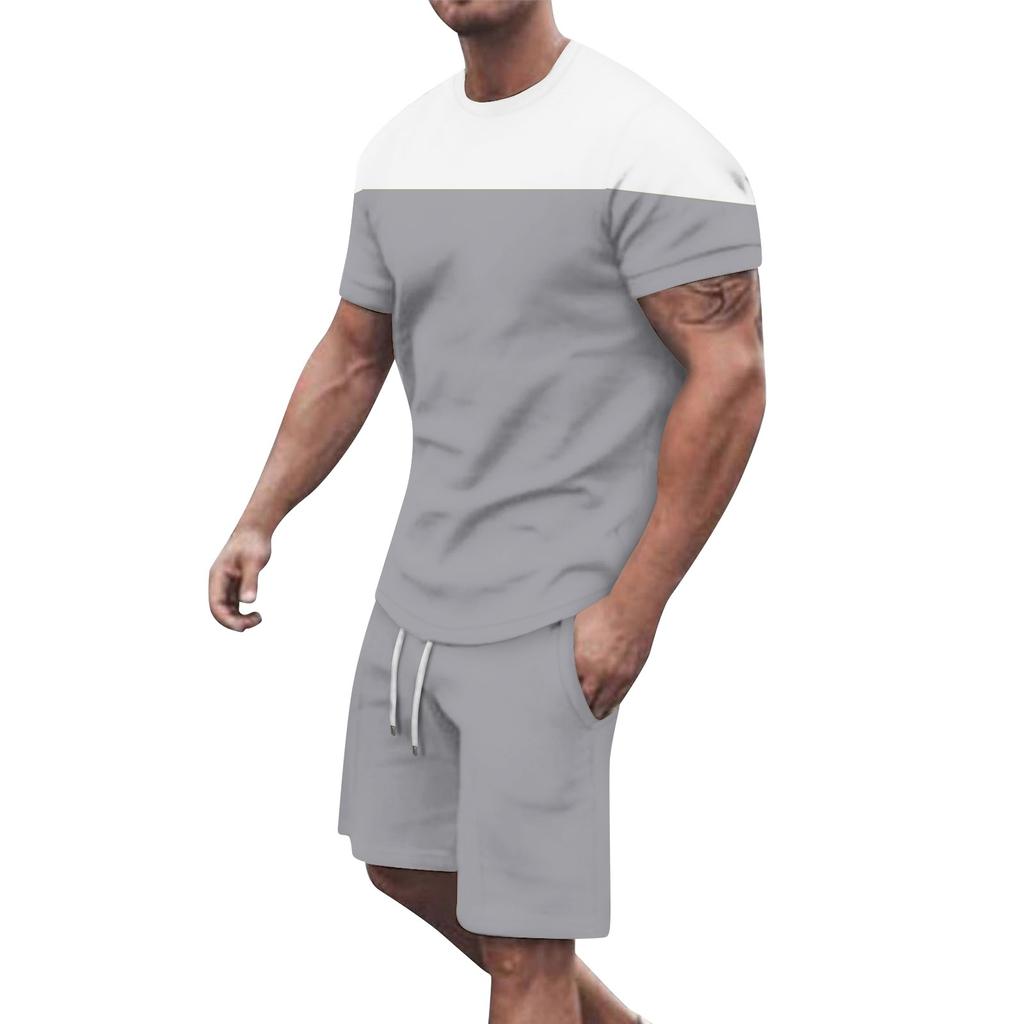 Men's Solid Color Shoulder Short Sleeved Shorts Breathable Men's Casual 2-piece Set