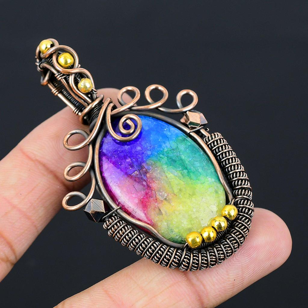Rainbow Solar Quartz Gemstone Pure Copper Wire Wrapped Handmade Pendant Jewelry For Gift