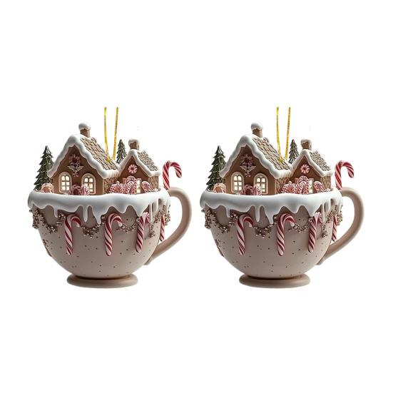 2 Pcs Coffee Cup Christmas Tree Ornaments 2D Acrylic Winter Village Snow House Hot Chocolate Mug Shape Xmas Hanging Pendents for Holiday Decor