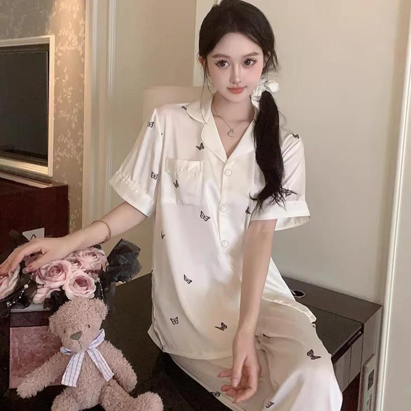 French Romantic Lethargic Style Art Butterfly Women Pajamas Elegant Short Sleeve+pant Sleepwear New Summer Home Lounges