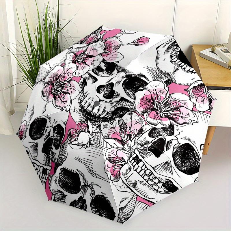 Cherry Blossom Skulls: Unique Floral & Skeleton Art DesignUmbrella, Portable 3-Fold Umbrella for Men & Women,Christmas Gift ES290