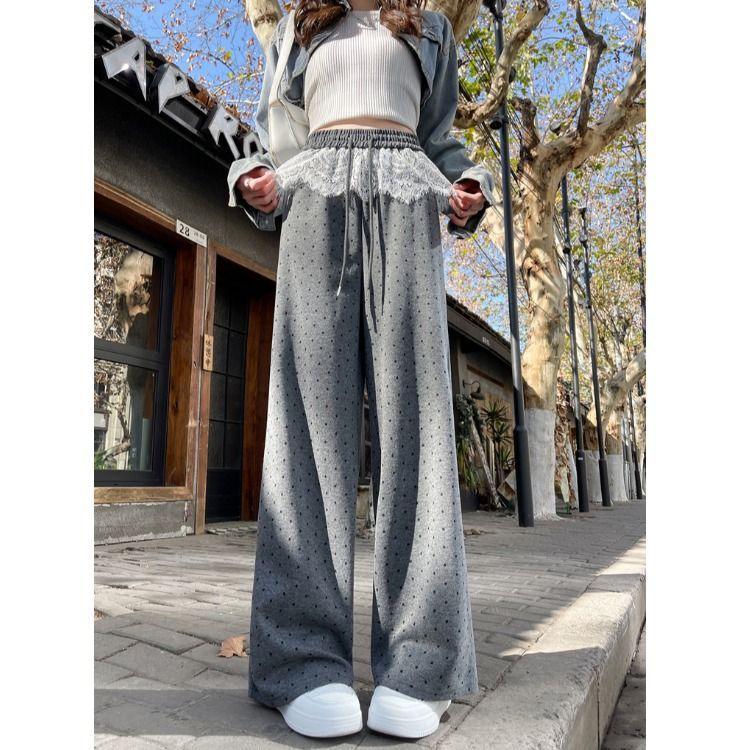 Женские брюки с кружевной вставкой в горошек с широкими штанинами до пола – Весенне-летняя нишевая модель, Повседневные свободные брюки прямого кроя