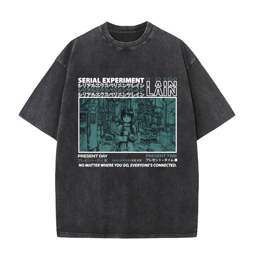 Serial Experiments Lain Anime Vintage Washed T-Shirt Manga Iwakura Girl Sci Fi Short Sleeve T-shirts 100% Cotton Casual T Shirt