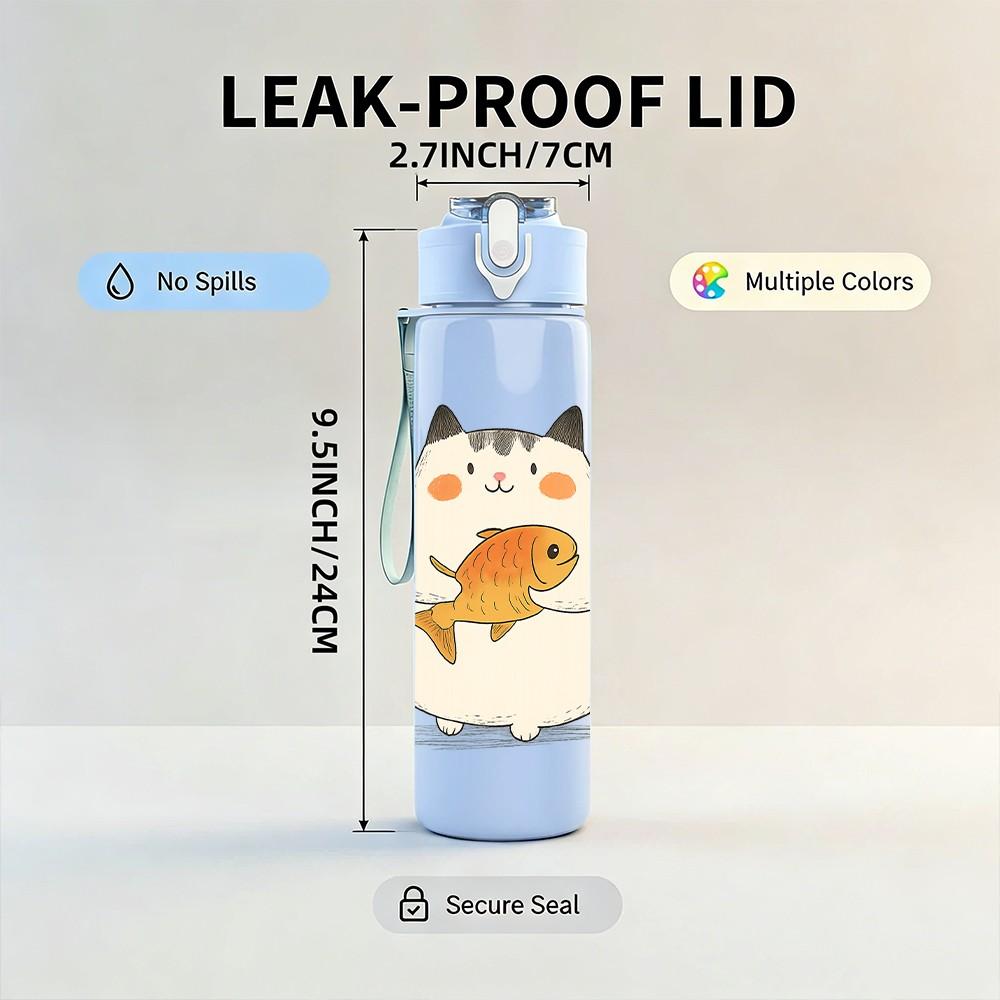 1PC Chubby Cat Holding Fish 750ml Color Plastic Sports Water Bottle Leakproof Flip Straw Lid Suitable for Sports Office Home Use