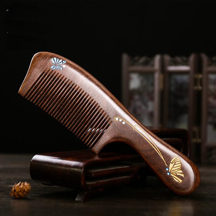 1Pcs Natural Mahogany Comb Women Men Home Travel Wood Anti-static Fine-tooth Comb Wooden Handles