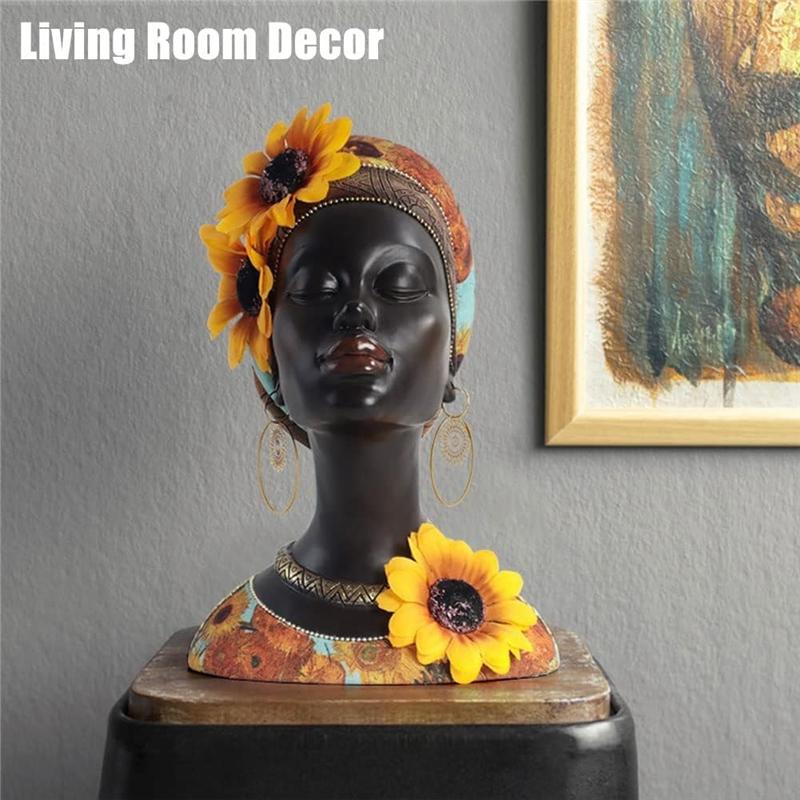 M-Modern-African Art Bust Statue, Home Decor African Sunflower Girl Figurines, Home Decor Resin Black African Bust Sculpture Eas
