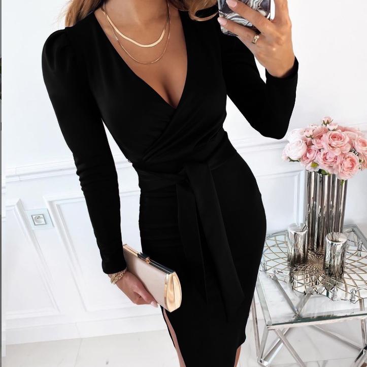 Autumn Women's Dresses V-neck Sexy Tie Solid Colour Dresses Women's Long Dresses with Belt