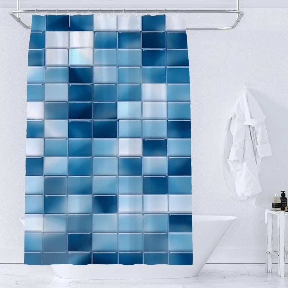 Blue Mosaic Pattern Shower Curtains Waterproof Polyester Bath Curtain Geometrical for Bathroom Home Decor Curtain with Hooks