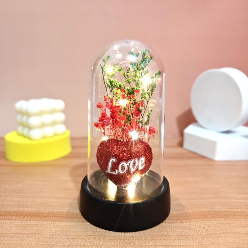 1 Piece Valentine's Day Gift Gypsophila Love Heart Flower Bouquet With Lamp Night Light Acrylic Cover Home Decoration Crafts