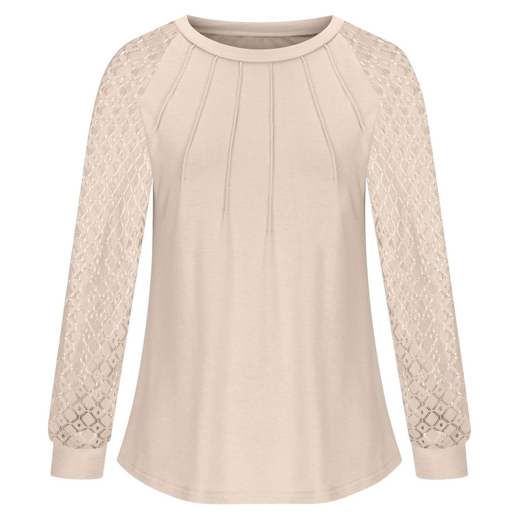 Женские модные топы с длинным рукавом, кружевные футболки с оборками, однотонные блузки с круглым вырезом, повседневные топы