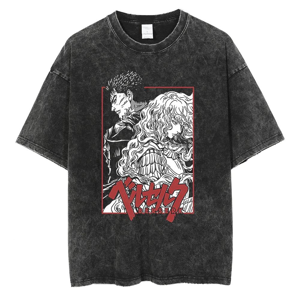 Men Harajuku Black Washed T-Shirt Streetwear Japan Anime Graphic Cotton Casual Tshirt Summer Short Sleeve Tops T Shirt