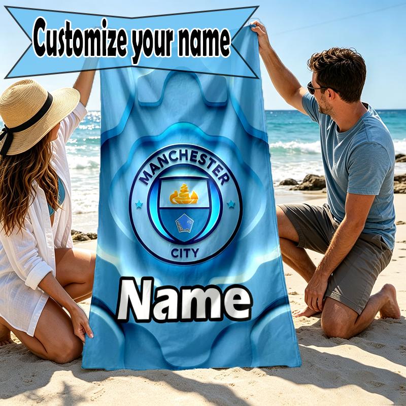 Custom Name Personalized Manchester City FC Print Beach Towel, for Trip Camping Beach Party Home Decor, Birthday Gift for Family & Friends
