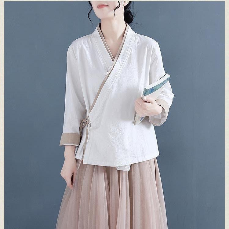 Литературно-художественная рубашка с косым воротником и длинными рукавами, женская хлопковая льняная рубашка в китайском стиле ханьфу
