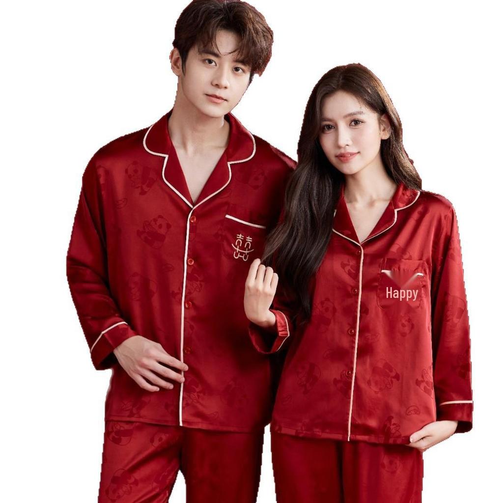 Bright Red Spring-Autumn Panda Jacquard Wedding Pajamas Set for Couples – Festive Plus Size Homewear for Men and Women