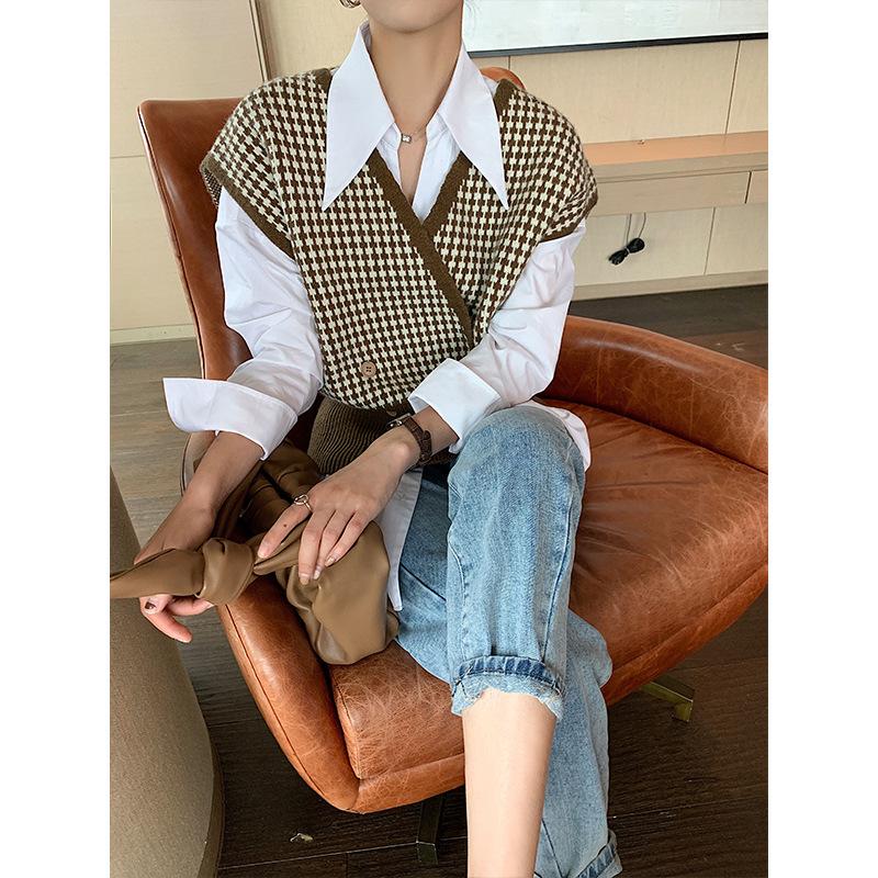 Короткий американский ромбовидный вязаный жилет для женщин 2022, весна и осень, ретро, ​​внешний клетчатый свитер, кардиган, повседневный универсальный топ