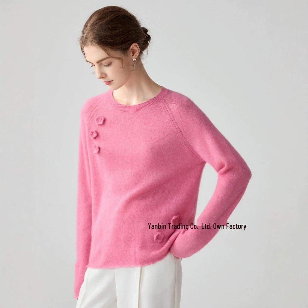 Luxurious Women's 75% Cashmere 25% Mulberry Silk Floral Inlay Round Neck Sweater