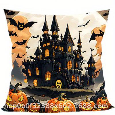 Short Plush Material Pillowcasehome Decor Halloween Castle & Pumpkins Throw Pillow Cover Pattern Cushion Cover Suitable For Sofa