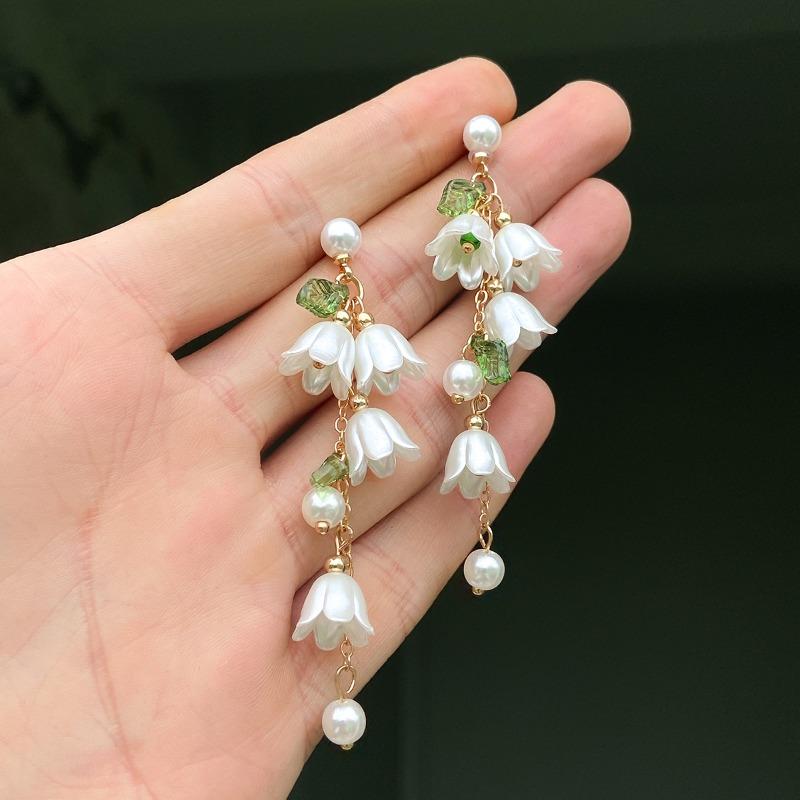 Сладкие романтичные серьги-подвески с цветком ландыша и зеленым листом для женщин, идиллическая классическая свадебная бижутерия
