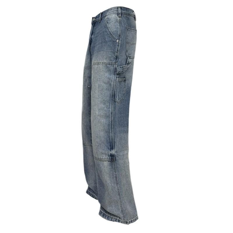 Mens Relaxed Fit Washed Distressed Denim Cargo Pants With Patch Pocket Detail Streetwear Style
