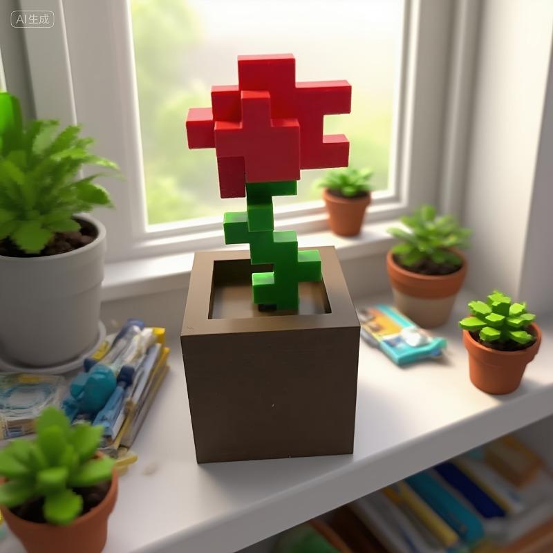 3D Printed Pixel Rose Ornament, Plastic Flower Decor for Desktop & Holiday Gifts