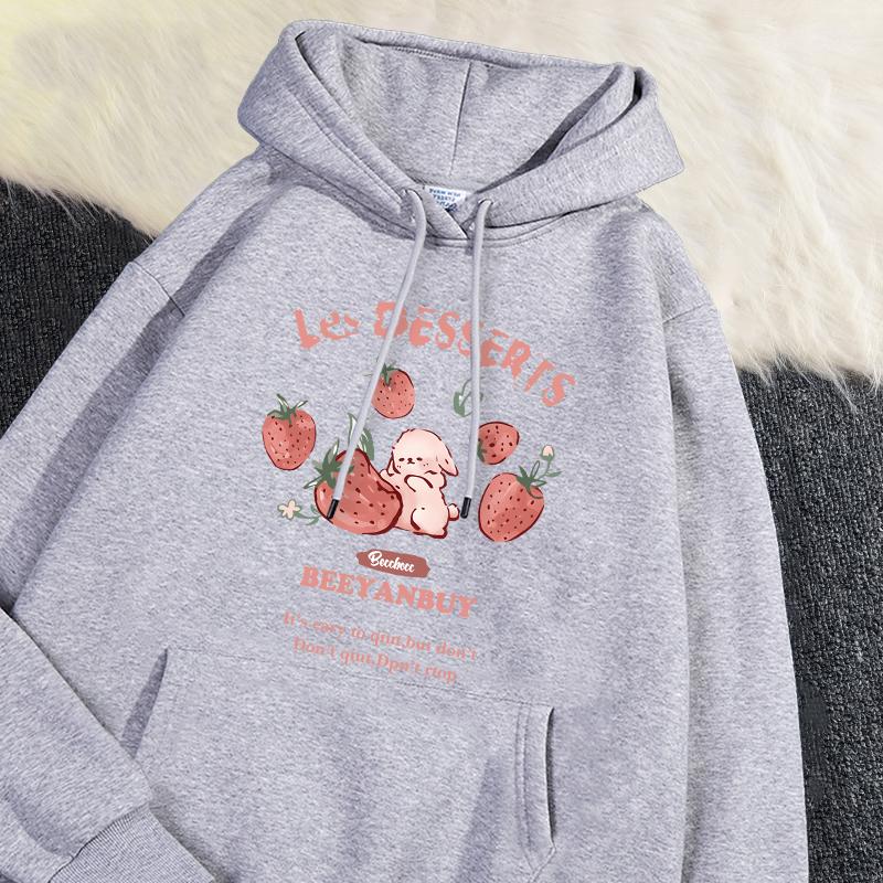 Cute Strawberry And Rabbit Printed Sweatshirt Pocket Soft Warm Breathable Pullover Autumn Winter Hoody