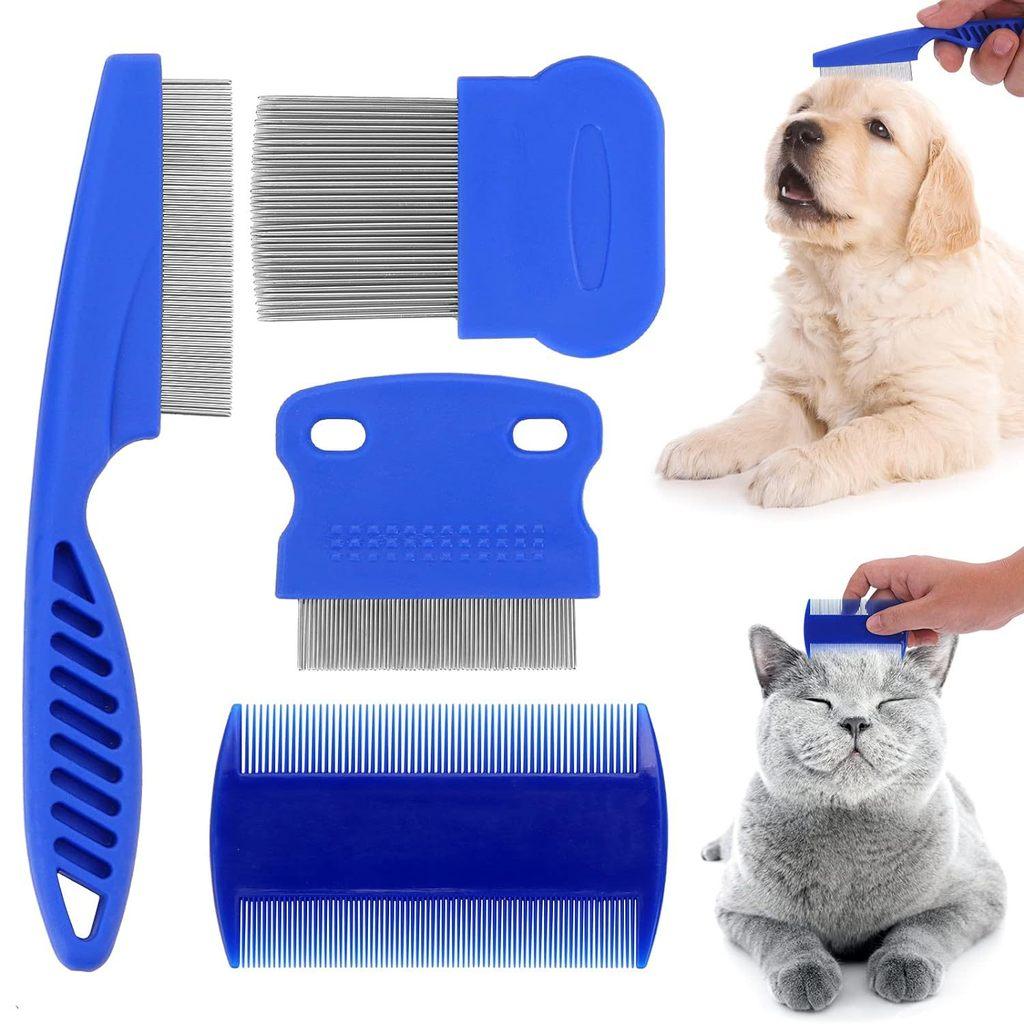 Blue Pet Flea Comb Kit With Durable Stainless Steel For Cat And Dog Shedding And Cleaning
