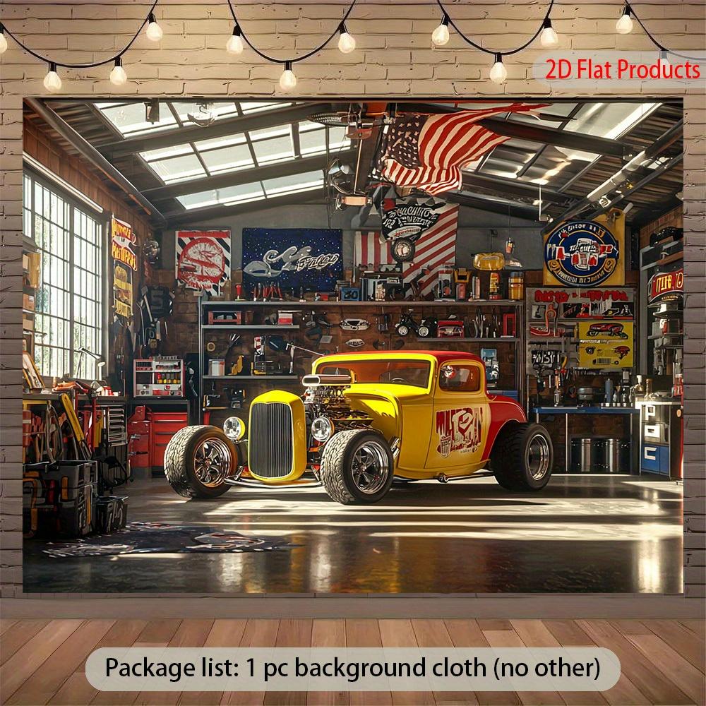 2D flat 1pc hot pole garage banner background - Vibrant yellow and red cars with the American flag suitable for garages