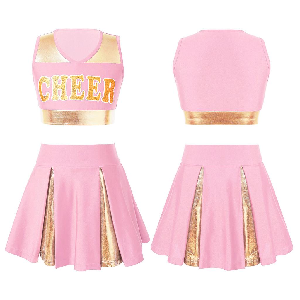 Girls Cheerleading Uniform Letter Print Tank Top with Pleated Skirt Set Cheer Leader Halloween Fancy Dress Costume