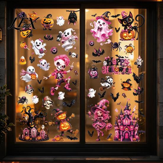 Easy Apply Halloween Window Ornaments 9 Pcs Pink Static Clings, Cute Skull Witch Castle Bat Pumpkin Festive Glass Decorations for Classroom