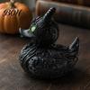 Durable Resin Sculpture Gothic Devil Skull Duck Ornament, Matte Black Figurine, Stylish Gifts for Goth Lovers Horror Green Eyes Decor Ornament
