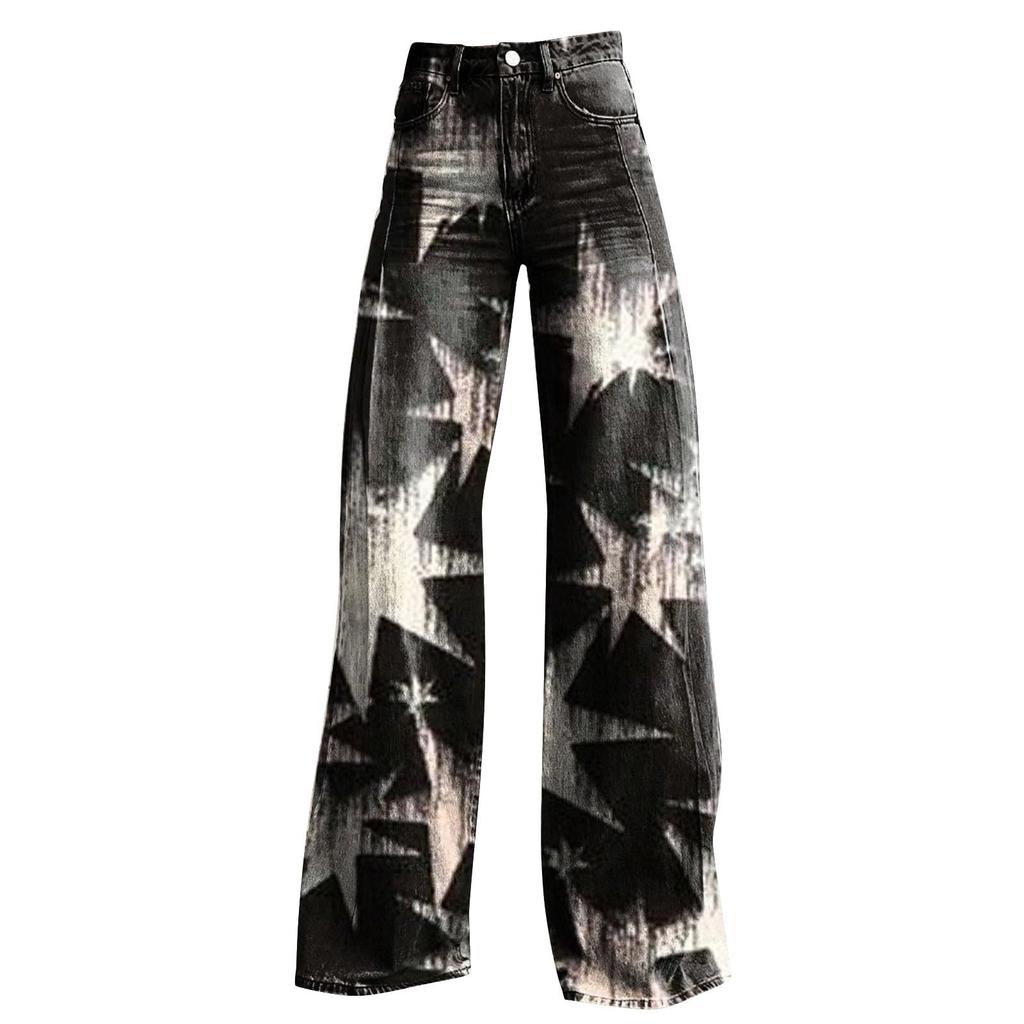 Широкие расклешенные джинсы для женщин с карманами, мешковатые брюки с винтажным цветочным принтом и высокой талией, свободные брюки