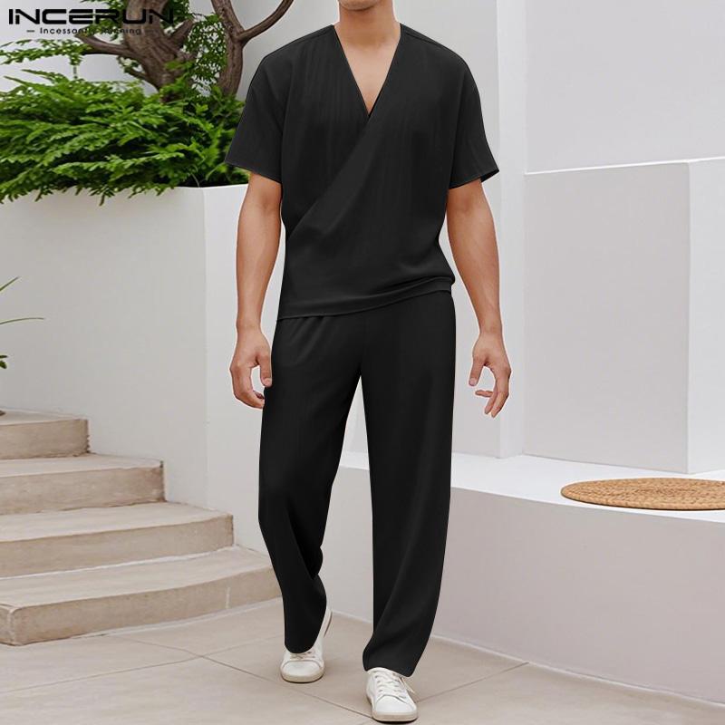 INCERUN Мужские комплекты из двух предметов: рубашка с коротким рукавом и текстурой, с V-образным вырезом, и длинные прямые брюки