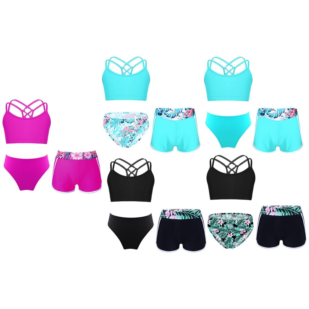 Girls 2 Piece Swim Set Strappy Back Crop Top Elastic Briefs Swim Shorts Beach Pool Sun Outfit