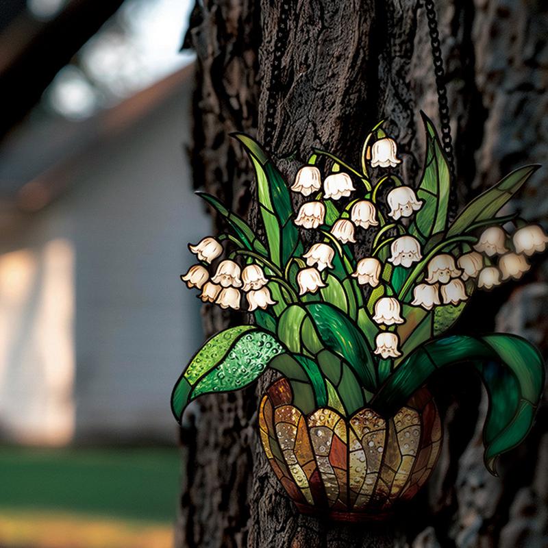 Acrylic Window Pendant Artificial Flower Pot Plant Wall Art Decor Sun Catcher With Chain Floral Sign For Outdoor Porch Kitchen