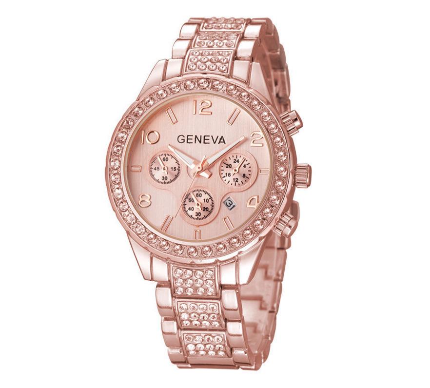 Женские модные часы Geneva со стальным браслетом, инкрустированным бриллиантами, - элегантный дизайн с тремя стрелками