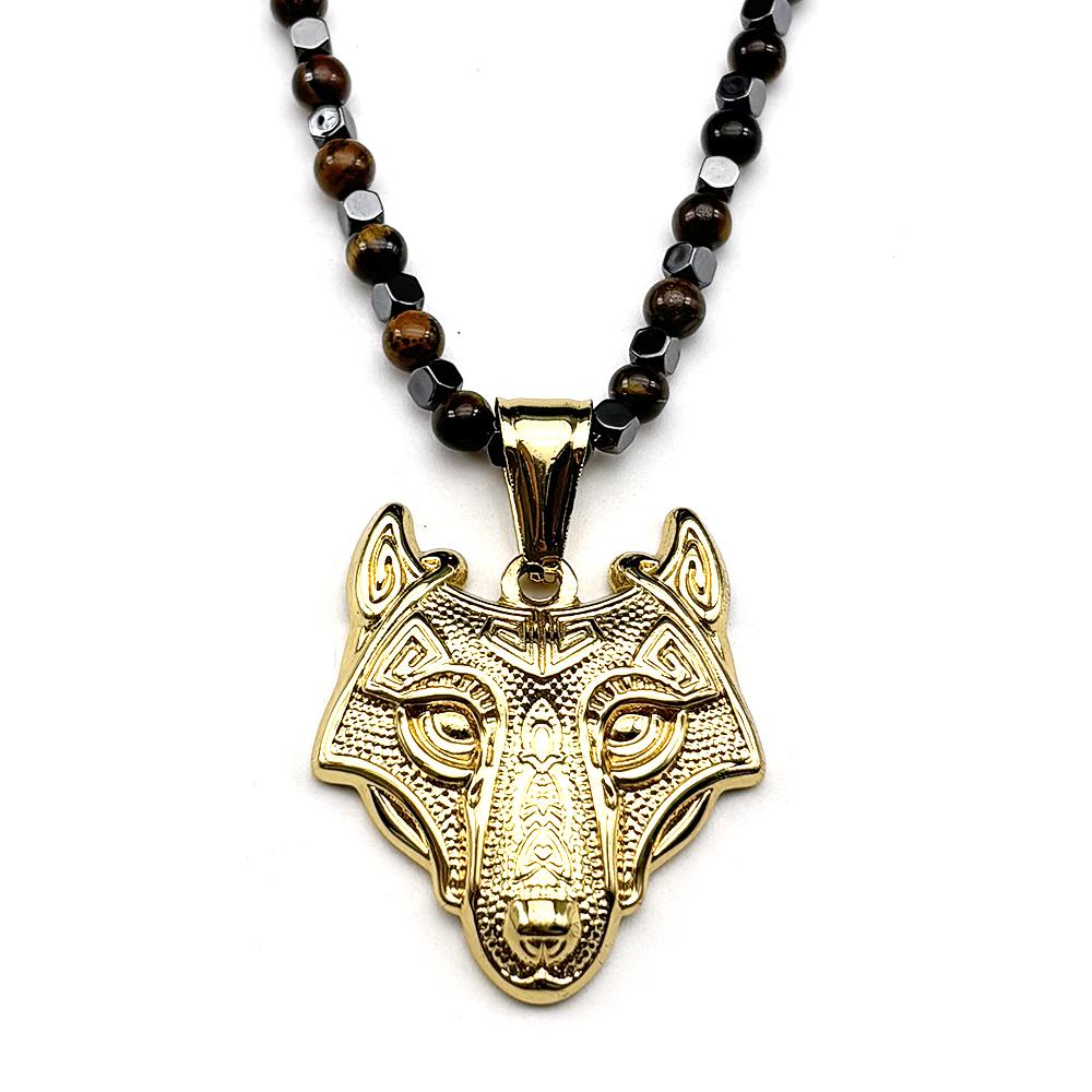 Nordic Wolf Head Viking Pendant Necklace Stainless Steel Gold Tiger Eye Stone Jewelry Gift for Men Women