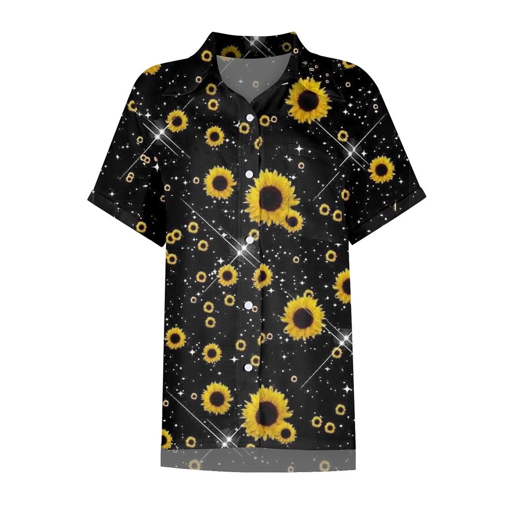 Женская свободная повседневная рубашка с короткими рукавами и отворотом с цифровым принтом и карманом