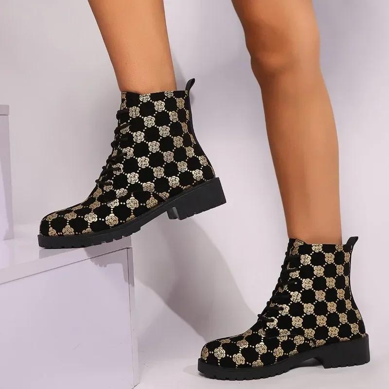Модные осенние новые массивные ботильоны женские модные круглые передние шнурки с принтом мягкая подошва нескользящая удобная одинарная обувь