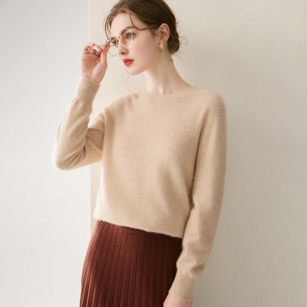 Women's Versatile 100% Cashmere Sweater – Round Neck, Loose Knit Base Layer for Autumn/Winter